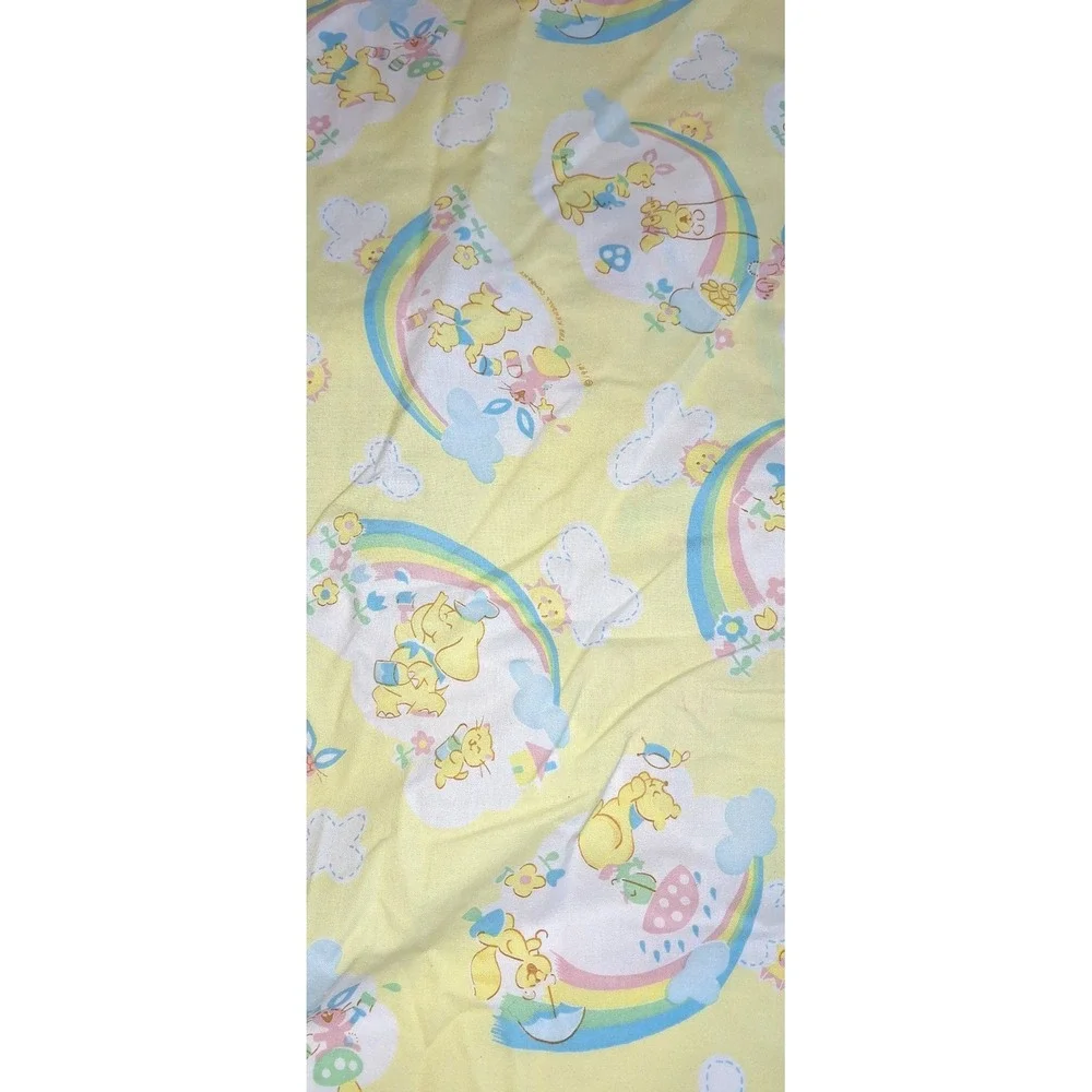 Vtg 1991 rabbit bear Fitted baby Crib Sheet Yellow Rainbow Kendall Company